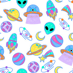 ufo space hand draw digital art seamless pattern
