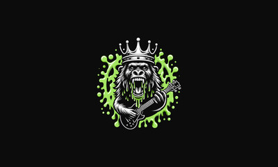 baboon angry wearing crown playing guitar vector logo design