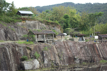 Banjarnegara, January 17, 2024 landscape view of the hut on the rock