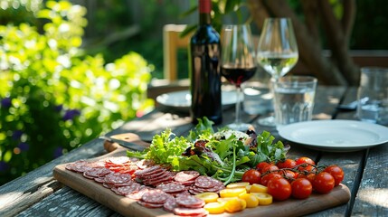 Salami platter and salad on a wooden table in the garden