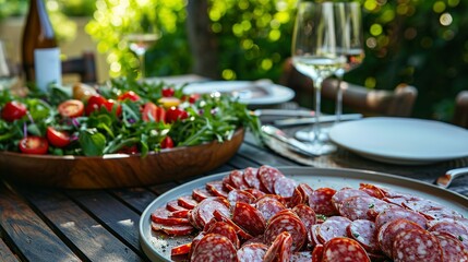 Salami platter and salad on a wooden table in the garden