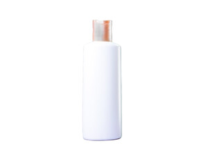 White plastic packaging bottle with lid, white background, isolated