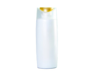 White plastic packaging bottle with lid, white background, isolated
