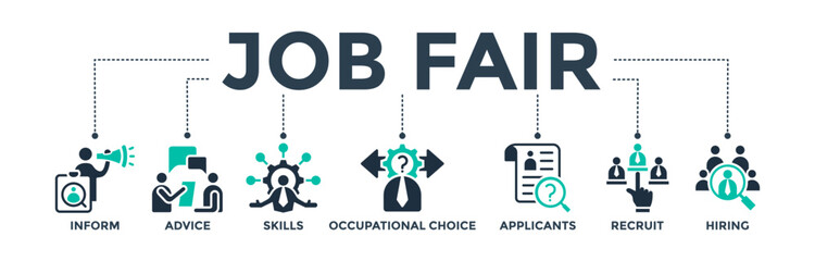 Job fair banner web icon concept for employee recruitment and onboarding program with an icon of the information, advice, skills, occupational, applicants, recruit, and hiring. Vector illustration
