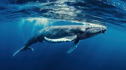Obraz premium A Baby Humpback Whale Plays Near the Surface in Blue Water