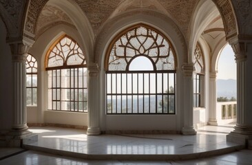 Fototapeta premium A ornamented arched vault on white marble, latticed window, view from Generative AI
