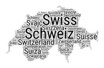 Black and white word cloud in Switzerland shape. Simple typography style country illustration. Plain Switzerland black text cloud on white background. Vector illustration.