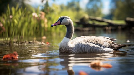 Obraz premium Tranquil Solitude: Majestic Lone Goose gracefully gliding on serene waters - AI-Generative