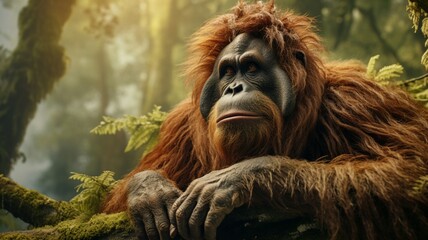 Majestic Orangutan in Lush Rainforest Habitat, Grasping Tree Branches with Wisdom and Grace - AI-Generative