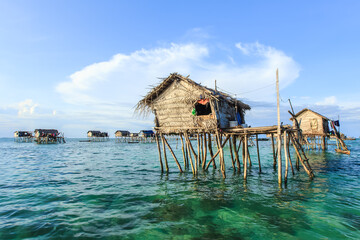 Beautiful landscapes view borneo sea gypsy water village in Bodgaya Mabul Island, Semporna Sabah, Malaysia.