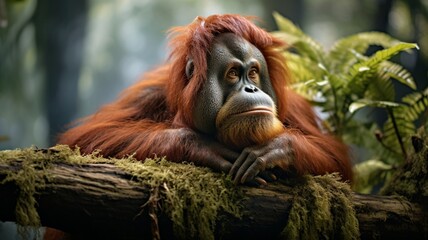 Majestic Orangutan in Lush Rainforest Habitat, Grasping Tree Branches with Wisdom and Grace - AI-Generative