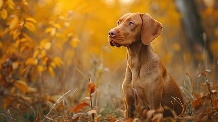 Hungarian hound pointer vizsla dog in autumn time in the field