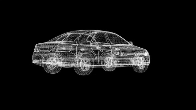 Spinning 3d wireframe car on plain black background