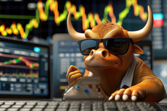 a 3d cartoon Bull trader with computer, Bullist in Stock market and Crypto currency, uptrend stock graph 