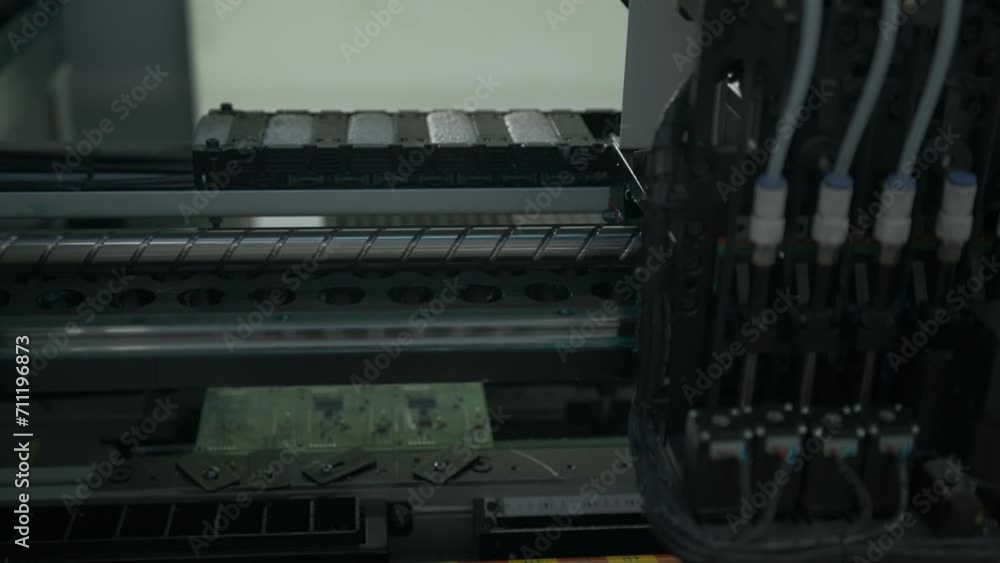 Poster fully automated assembly line at electronics factory. creative. component installation on circuit bo