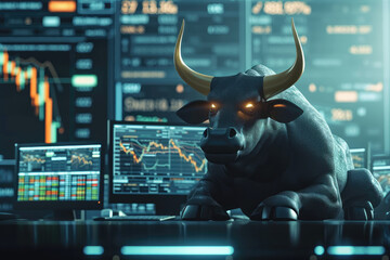 a 3d cartoon Bull trader with computer, Bullist in Stock market and Crypto currency, uptrend stock graph 
