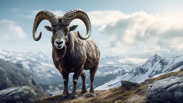 Majestic Markhor Surveying its Mountainous Domain from a Cliff Summit - AI-Generative