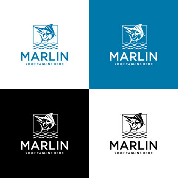 Marlin fish logo design. blue and black Marlin logo. Fresh and Unique Modern Blue Marlin Logo Template. Great to use as your Offshore Fishing holiday.