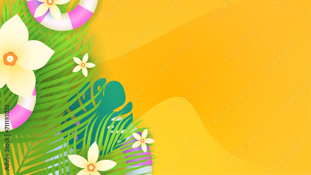 Wall mural Colorful colourful vector background for summer season. Summer background with surf, leave, flower, beach, lifebuoy, monstera, watermelon, drink, umbrella - Wall murals