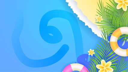 Colorful colourful vector background for summer season. Summer background with surf, leave, flower, beach, lifebuoy, monstera, watermelon, drink, umbrella
