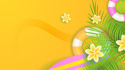 Colorful colourful vector abstract summer background with tropical leaves and beach vibes. Summer background with surf, leave, flower, beach, lifebuoy, monstera, watermelon, drink, umbrella