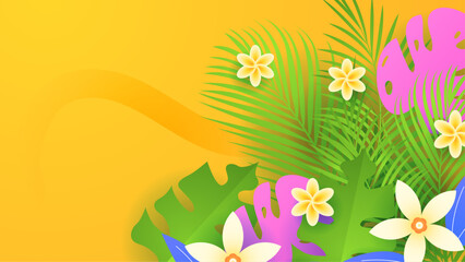 Colorful colourful vector hello summer background design with abstract tropical leaves and flower. Summer background with surf, leave, flower, beach, lifebuoy, monstera, watermelon, drink, umbrella