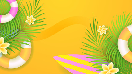 Fototapeta na wymiar Colorful colourful vector illustration tropical summer design background. Summer background with surf, leave, flower, beach, lifebuoy, monstera, watermelon, drink, umbrella