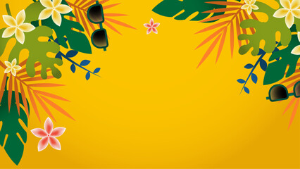 Colorful colourful summer background vector illustration. Summer background with surf, leave, flower, beach, lifebuoy, monstera, watermelon, drink, umbrella