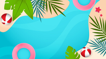 Fototapeta na wymiar Colorful colourful summer vector background with beach illustrations for banners, cards, flyers, social media wallpapers, etc. Summer background with surf, leave, flower, beach, lifebuoy, monstera