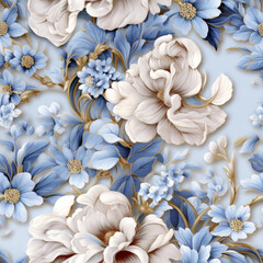 Hyper Realistic Illustrated Porcelain Blue and Gold Flowers Seamless Pattern 