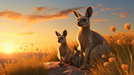 Adorable Kangaroo Family Bonding in Lush Australian Outback Landscape - AI-Generative - obrazy, fototapety, plakaty