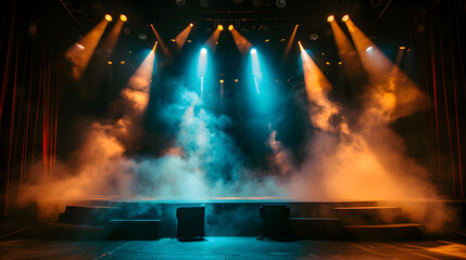 Stage light background with blue and orange spotlight illuminated the stage with smoke. Empty stage...