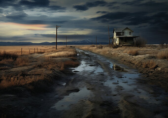 a farm house at dusk looking over the fields after some rain, puddles are on the dirt road as dry fields of grass lead to the house in the distance, a moody sky looms