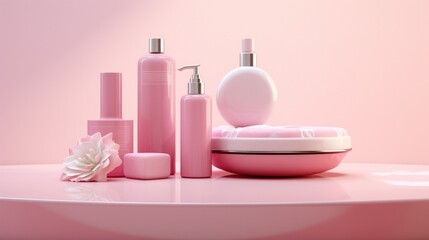 Obraz na płótnie Canvas 3d rendering of personal care products packages in pink background, generative AI