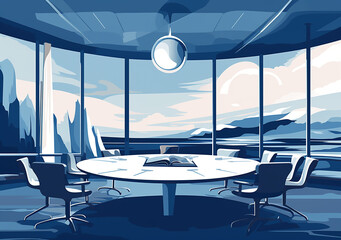 office with a view, blue illustration 