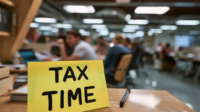 sticky note saying "TAX TIME" on a desk in a busy office room, with people working in the background generative ai