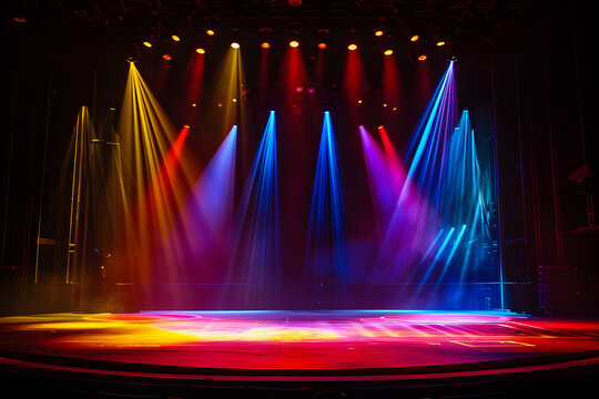 Stage light background with red yellow blue purple  spotlight illuminated the stage. Empty stage for show with backdrop decoration.
