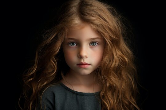 Portrait of a little girl with long hair on a black background