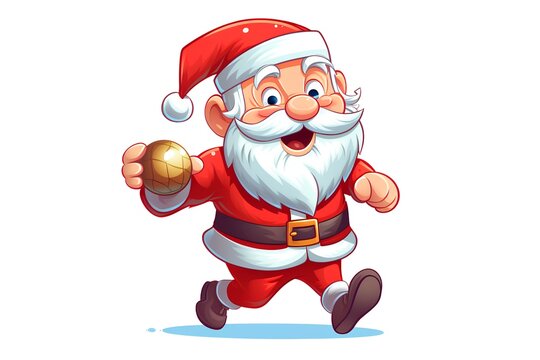 Santa Claus running and holding a gold ball. Cartoon vector illustration.