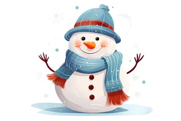 Cute cartoon snowman in scarf and hat. Vector illustration.