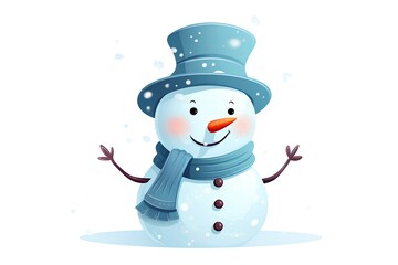 Cute cartoon snowman in hat and scarf. Vector illustration.