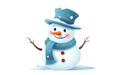 Cute cartoon snowman in hat and scarf. Vector illustration.