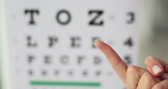 Contact lens on doctor finger against eye test chart