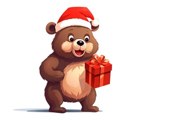 Cute cartoon bear in santa hat with gift box. Vector illustration