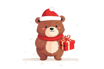Cute cartoon bear in Santa Claus hat with gift box. Vector illustration.