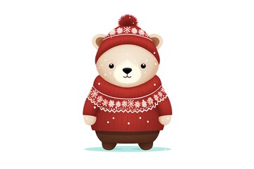 Cute polar bear in a red sweater and hat. Vector illustration