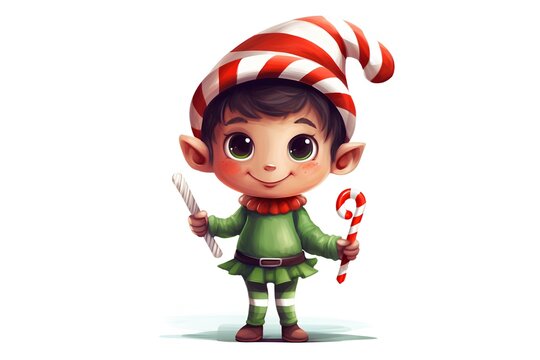 Little boy in elf costume holding lollipop. Vector illustration.