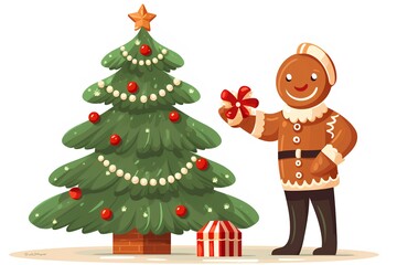 Naklejka premium Man decorating christmas tree. Vector illustration in cartoon style.