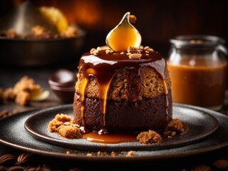 Michelin starred sticky toffee pudding dessert in premium restaurant, cinematic food photography  - obrazy, fototapety, plakaty