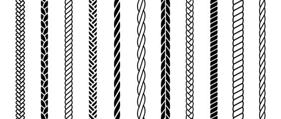 Repeating rope set. Seamless hemp cord line collection. Black chain, braid, plait stripe bundle. Vertical decorative plait pattern pack. Vector marine twine design elements for banner, poster, frame - obrazy, fototapety, plakaty